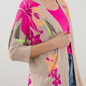 Chicos mesh cardigan with vibrant floral design